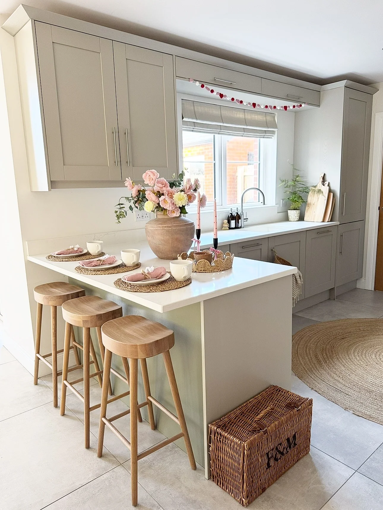 12. Taupe Shaker Cabinets with Soft Green Island (Small Space Kitchen Ideas)