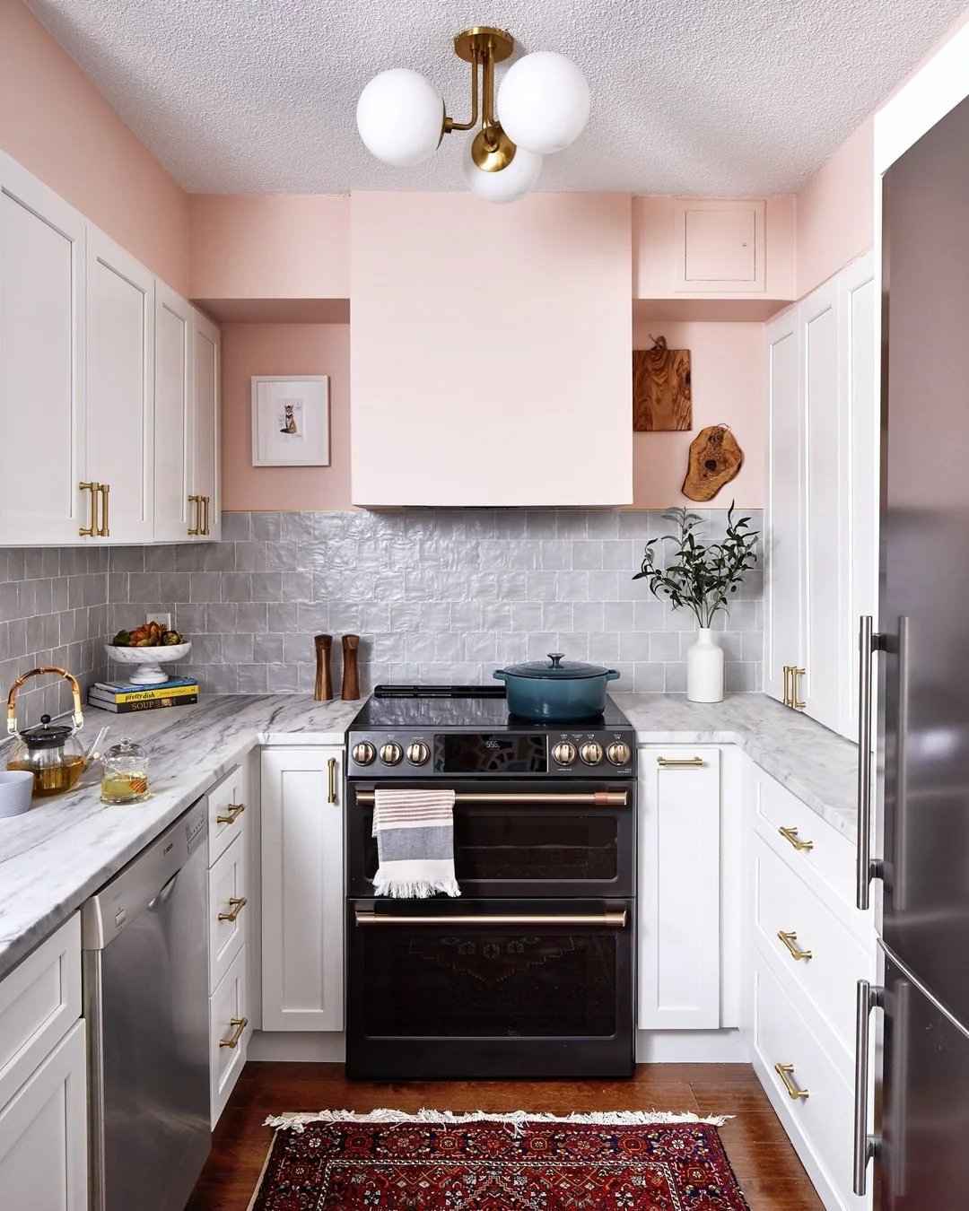 11. Blush Pink Walls with White Shaker Cabinets (Small Space Kitchen Ideas)