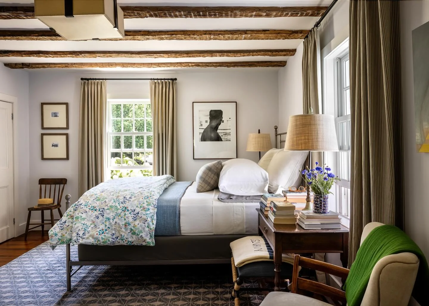 2. Rustic Beam Bedroom with Soft Neutrals and Blue Accents (Bedroom Ideas with a Desk)