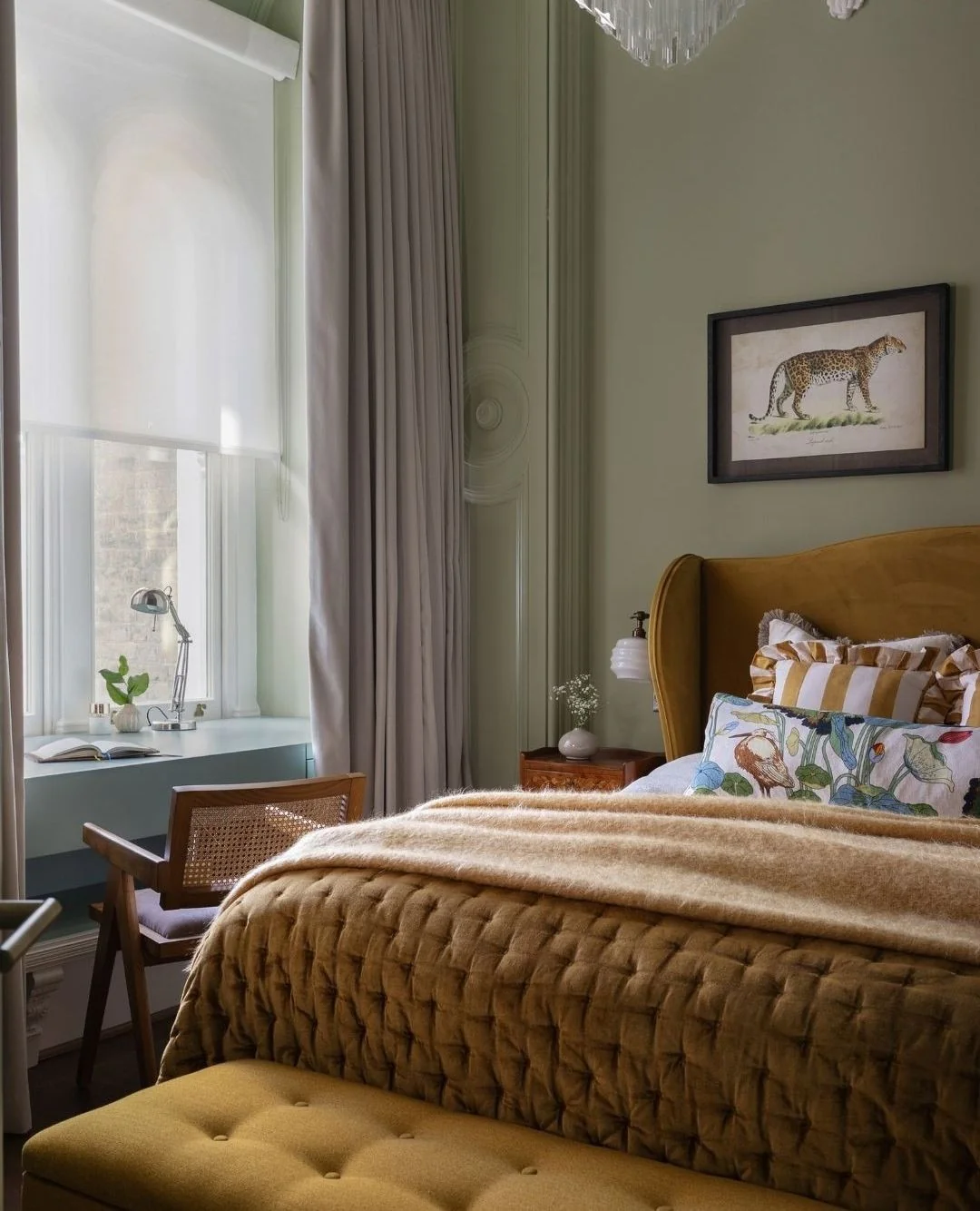 3. Sage Green Bedroom with Built-In Desk Alcove (Bedroom Ideas with a Desk)