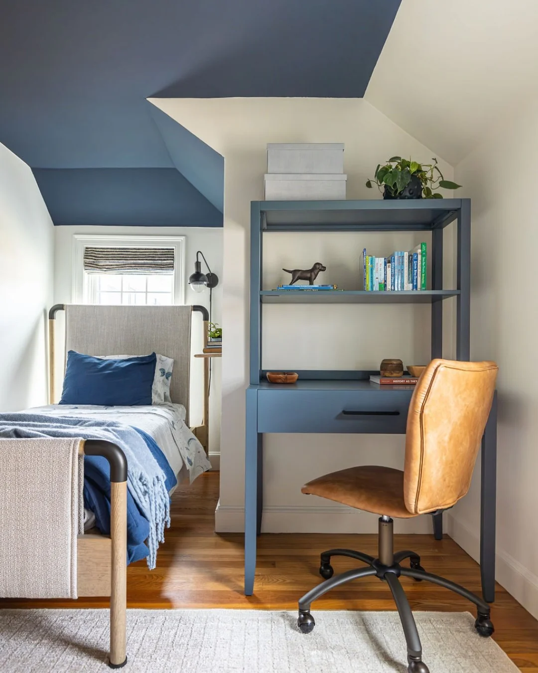 9. Navy and Cream Attic Bedroom with Compact Writing Desk (Bedroom Ideas with a Desk)