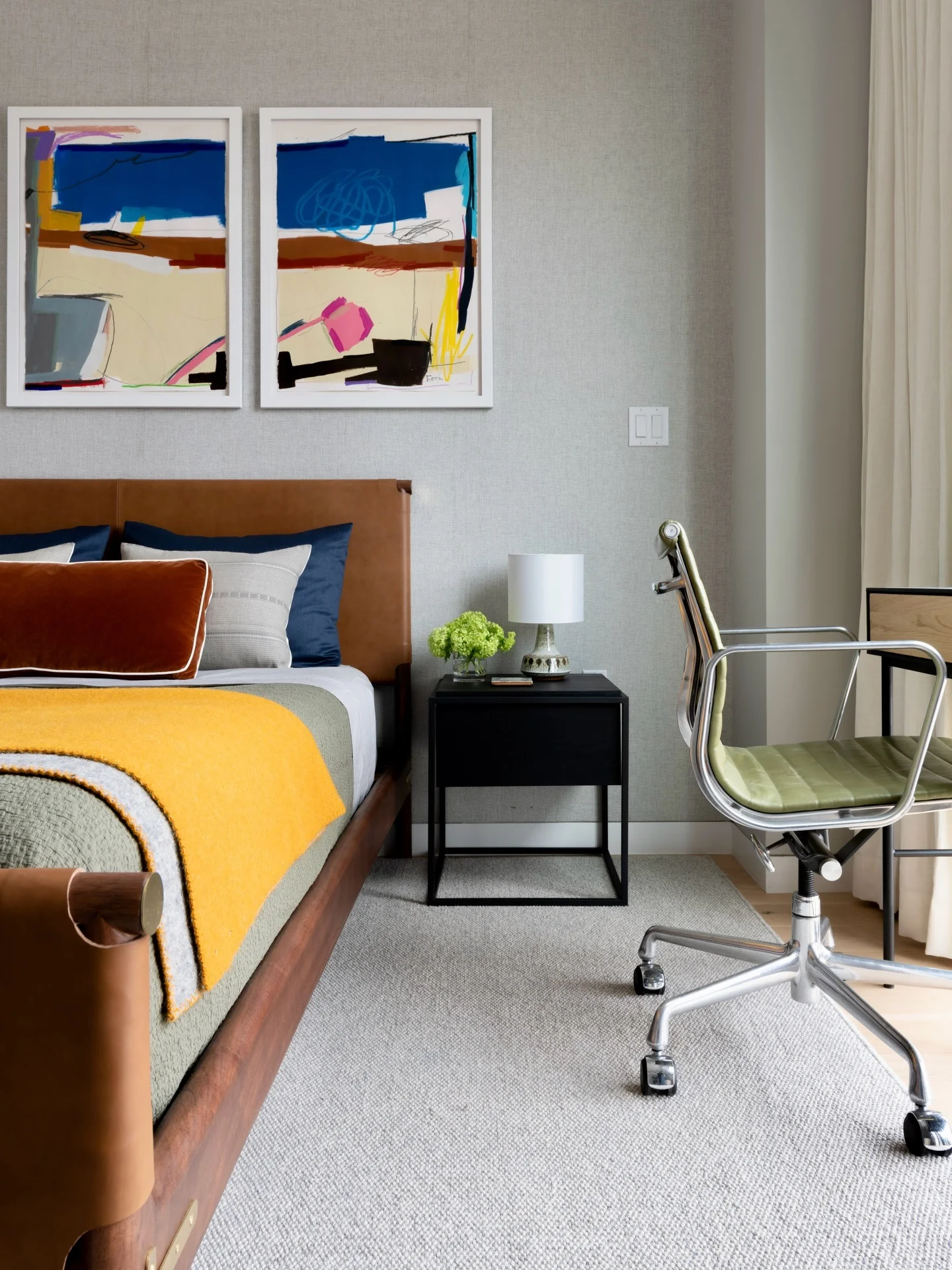 6. Modern Leather Bed with Graphic Art and Compact Desk (Bedroom Ideas with a Desk)