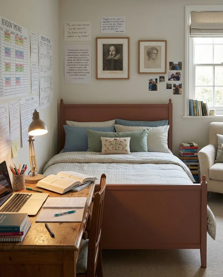 5. Academic-Inspired Bedroom in Warm Wood and Soft Blue (Bedroom Ideas with a Desk)