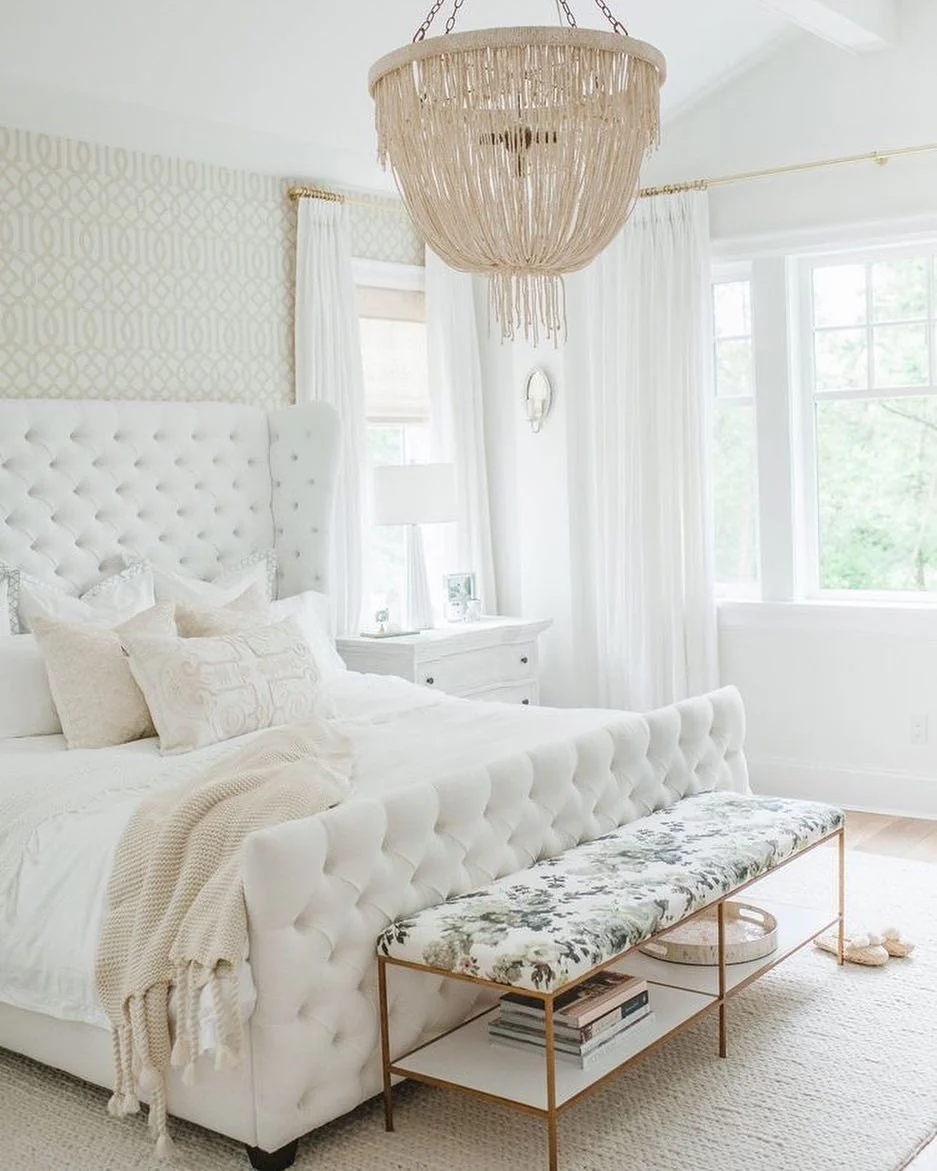 13. Glam White Bedroom with Tufted Bed and Gold Details (All White Bedroom Ideas)