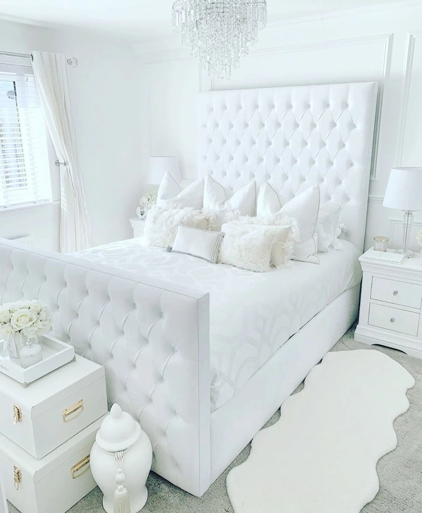 10. Luxe All-White Bedroom with Dramatic Tufted Headboard (All White Bedroom Ideas)