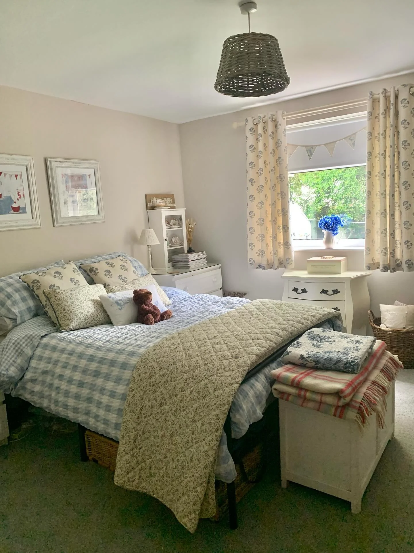 3. Soft Sage & Sky Blue Layered Cottage Bedroom (Cottage Bedroom Ideas)