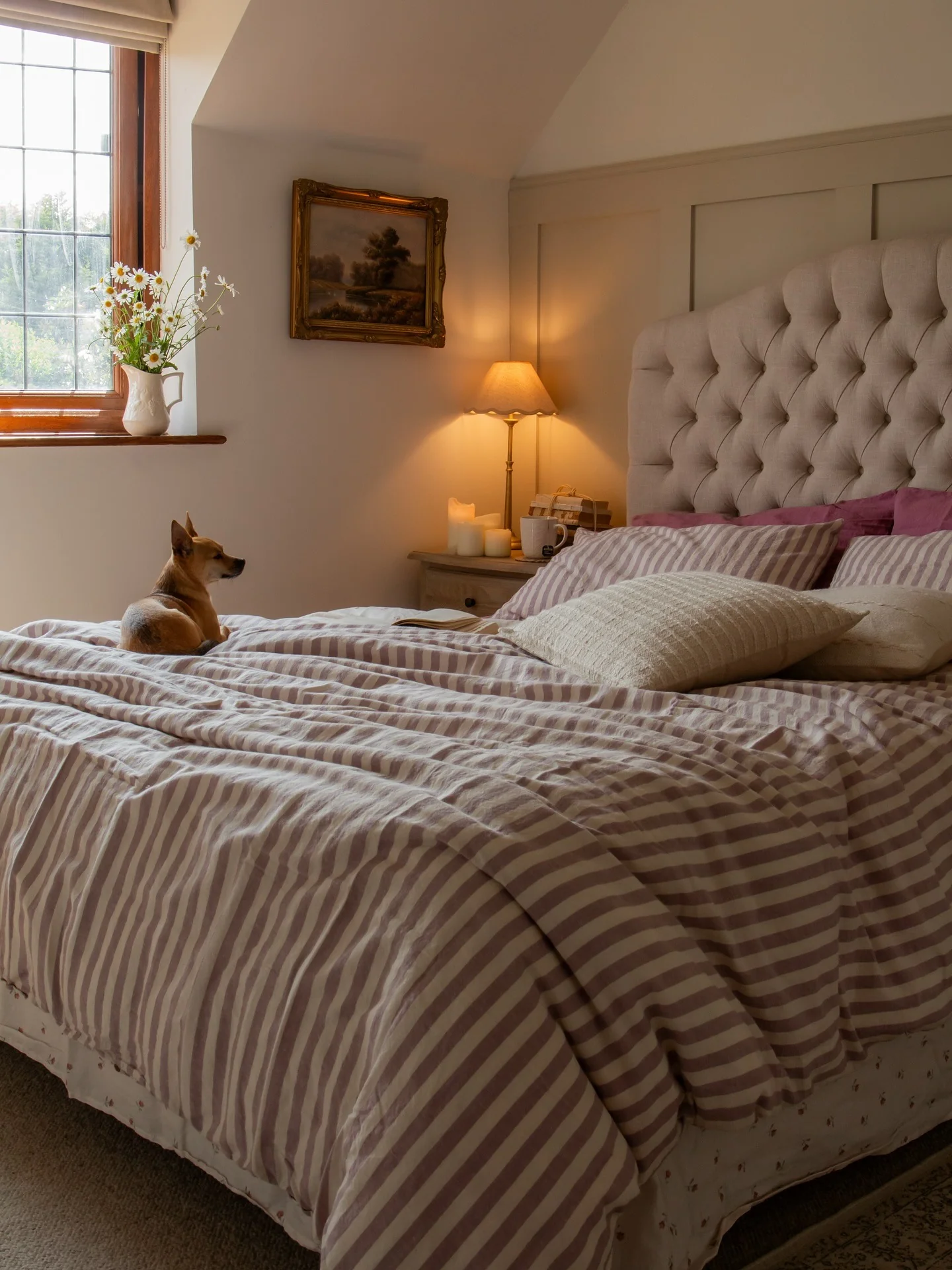 16. Soft Blush Stripe & Neutral Cottage Elegance (Cottage Bedroom Ideas)