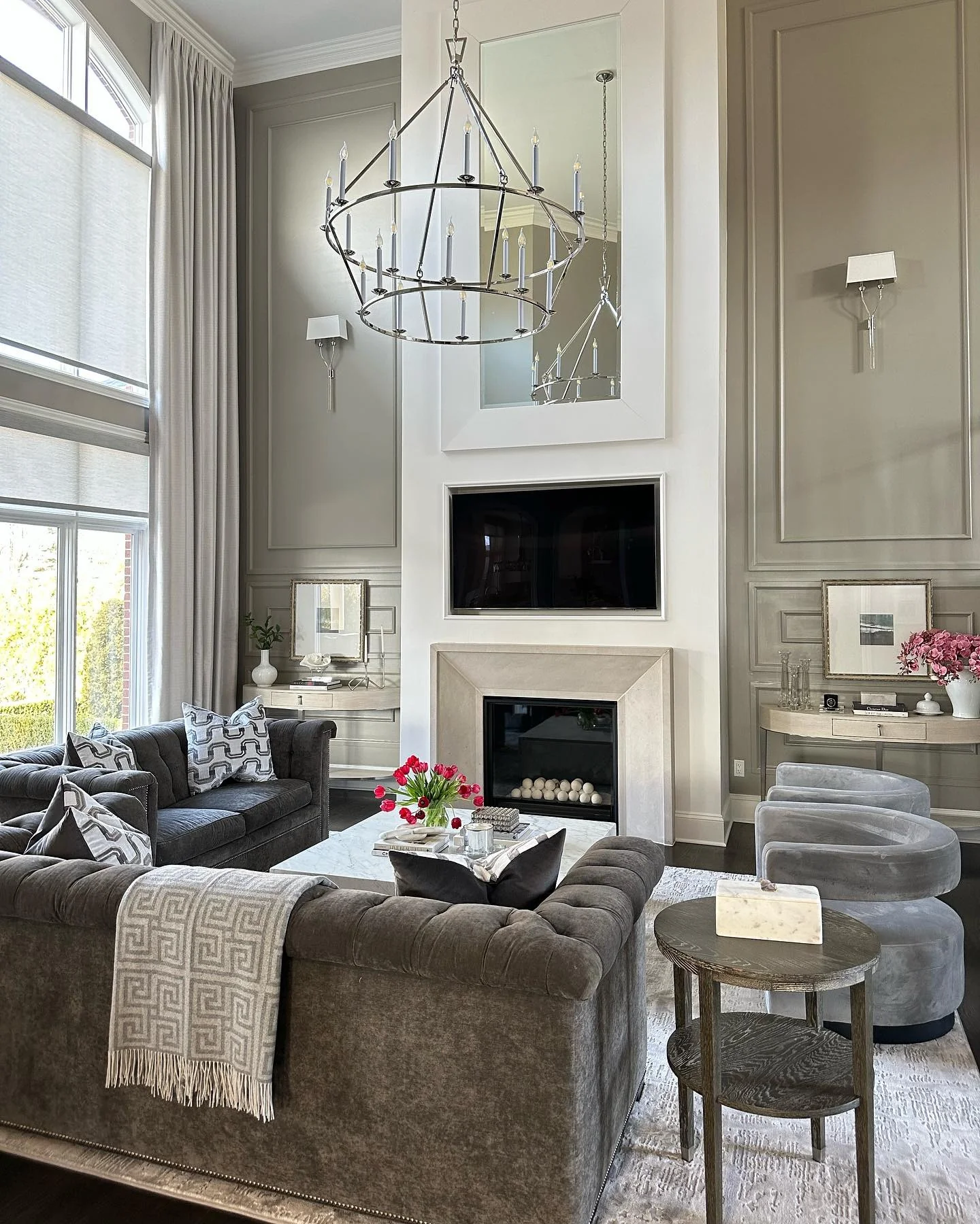 6. Grand Gray Seating in a Refined Architectural Setting (Gray Furniture Living Room Ideas)