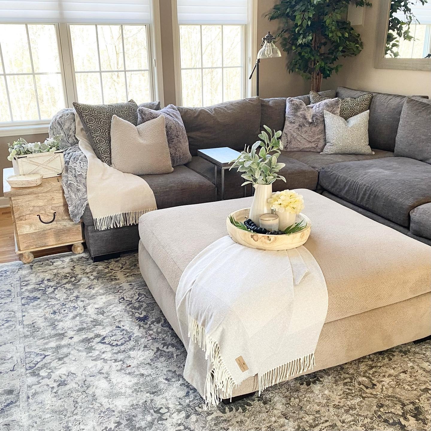 3. Warm Gray Sectional with Textured Neutrals (Gray Furniture Living Room Ideas)