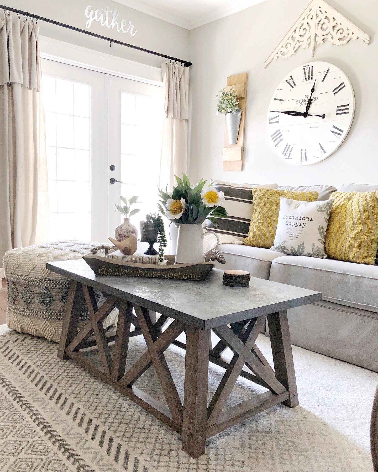 11. Farmhouse Gray Sofa with Mustard Textured Pillows (Yellow and Gray Living Room Ideas)