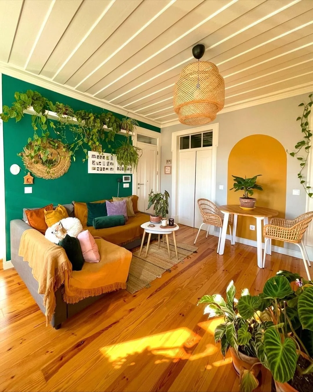 6. Emerald and Ochre Jungle Living Room with Natural Rattan (Jungle Living Room Ideas)