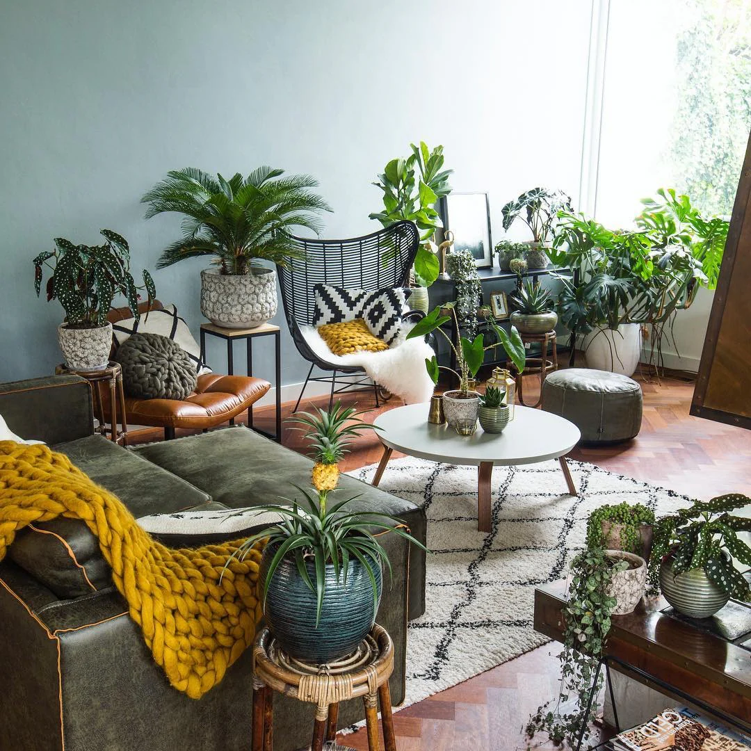 4. Modern Botanical Lounge in Sage and Mustard (Jungle Living Room Ideas)