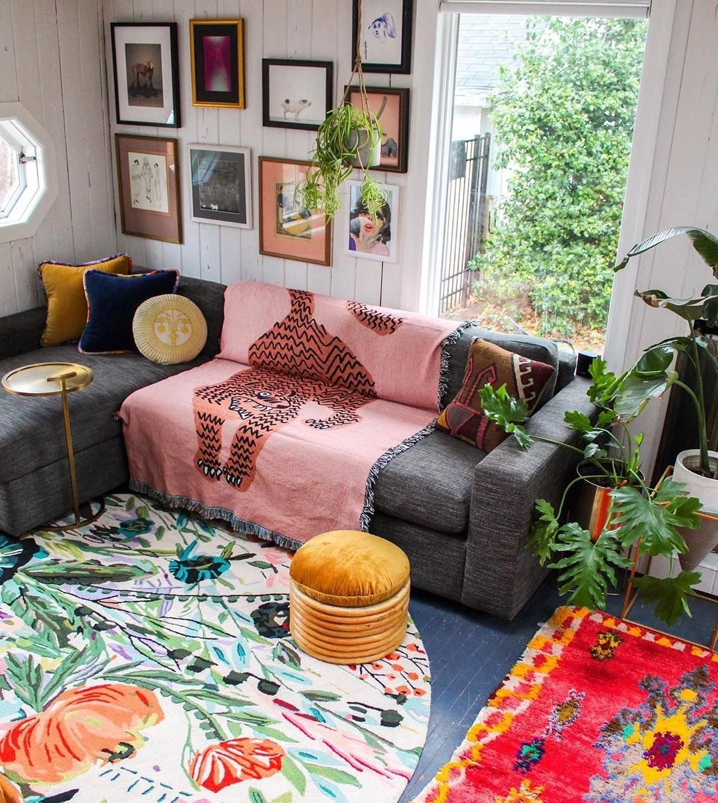 13. Eclectic Jungle Living Room in Blush, Mustard, and Emerald (Jungle Living Room Ideas)