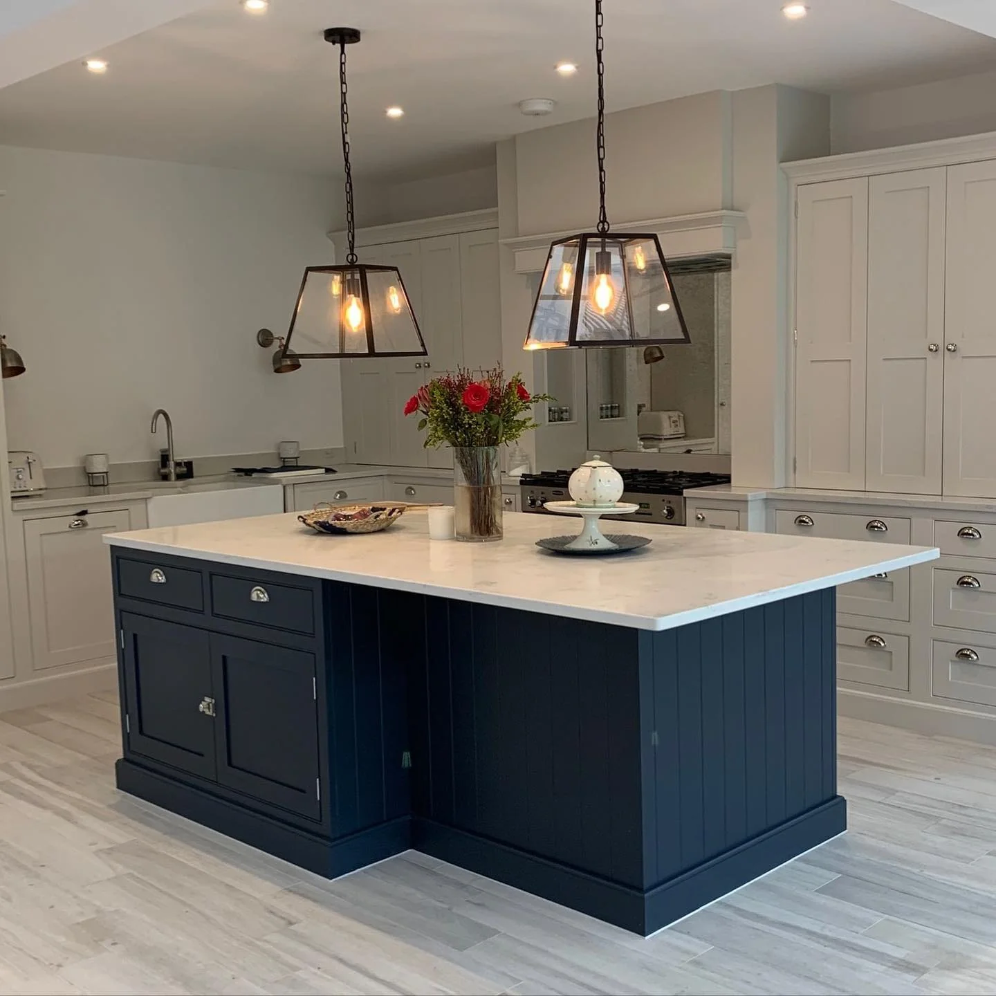 6. Navy and Light Grey Two-Tone Island Kitchen (Light Grey Kitchen Cabinets Ideas)