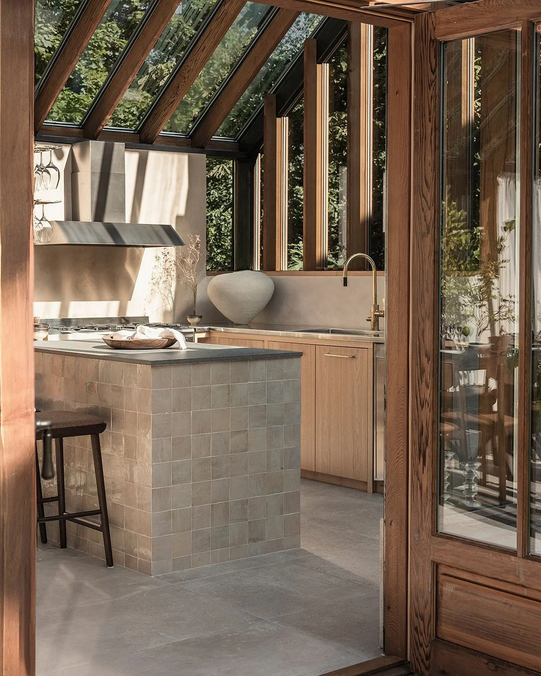 3. Timber-Framed Kitchen with Stone-Clad Island (Japanese Style Kitchen Ideas)