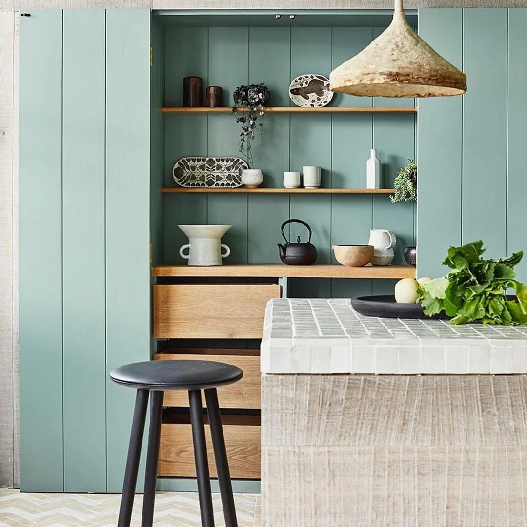 4. Sage Green Cabinetry with Open Display Shelving (Japanese Style Kitchen Ideas)