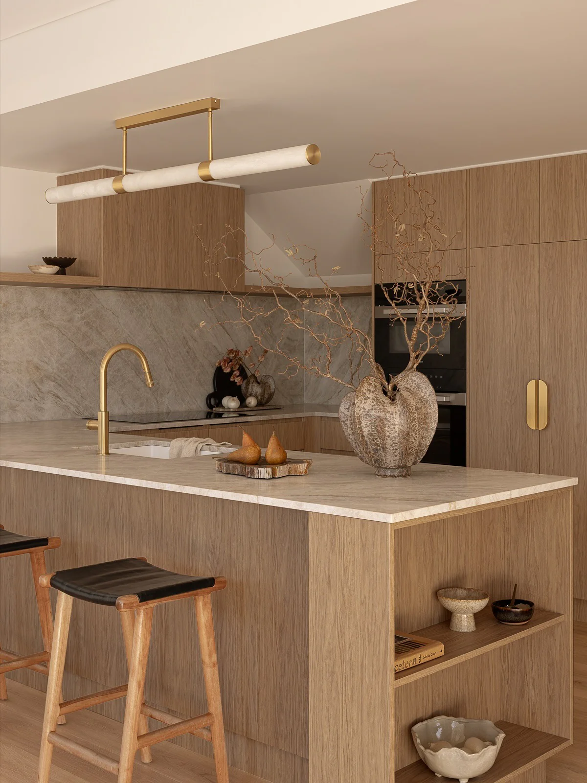 8. Light Oak and Marble Kitchen with Brass Accents (Japanese Style Kitchen Ideas)