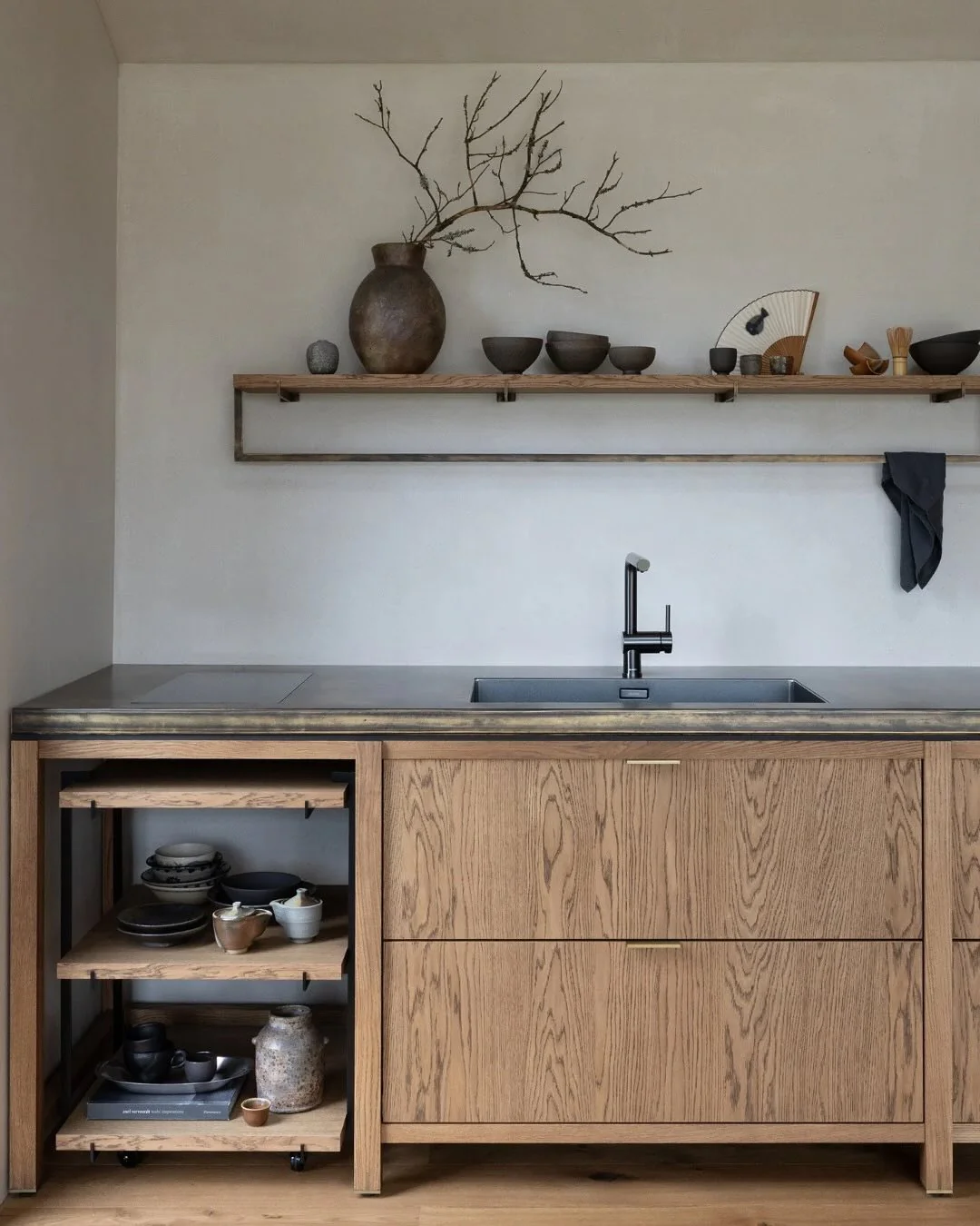 6. Minimal Oak Base Cabinets with Open Utility Storage (Japanese Style Kitchen Ideas)