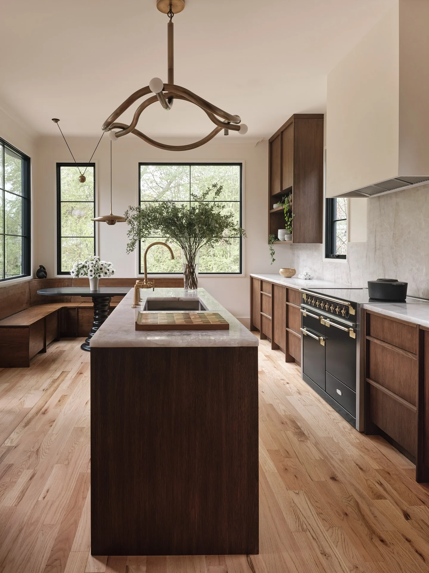 13. Deep Espresso Wood Kitchen with Marble and Brass Accents (Japanese Style Kitchen Ideas)