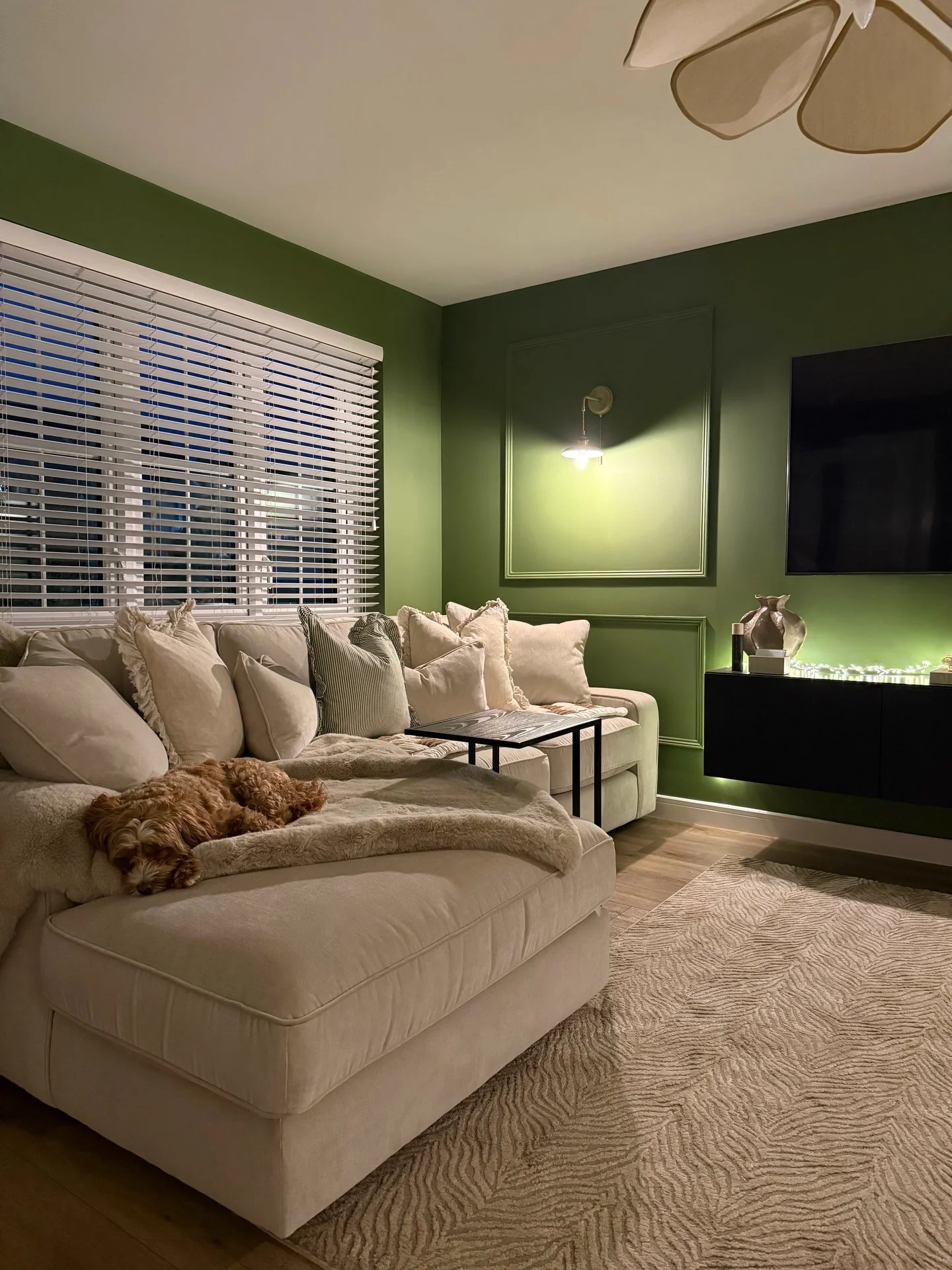 9. Rich Green Paneled Wall for Cozy Contrast (Empty Wall Ideas for Living Room)