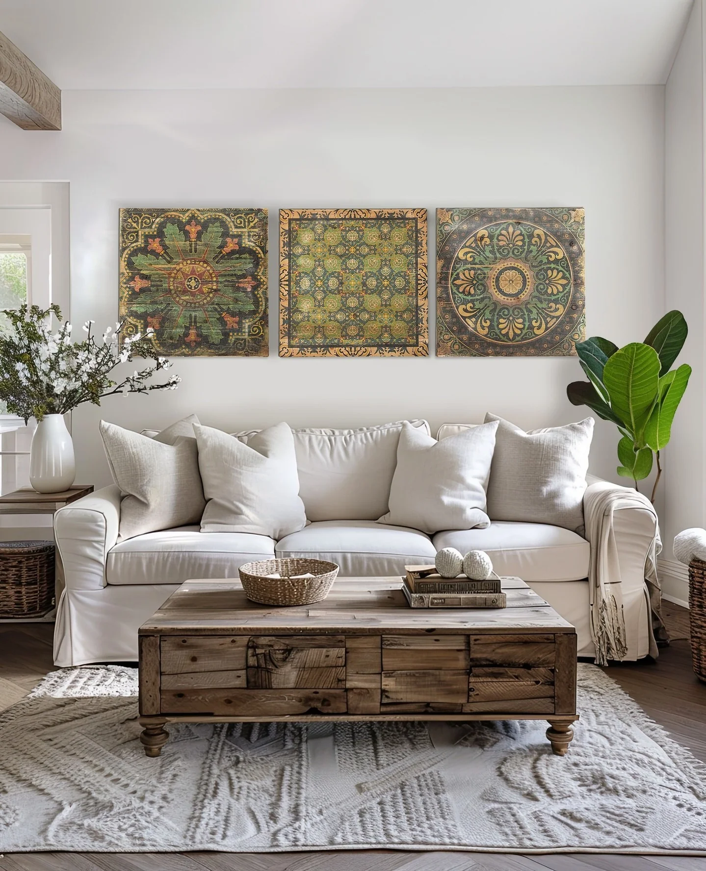 8. Rustic Farmhouse Balance in Soft White and Reclaimed Wood (Rustic Living Room Furniture Ideas)