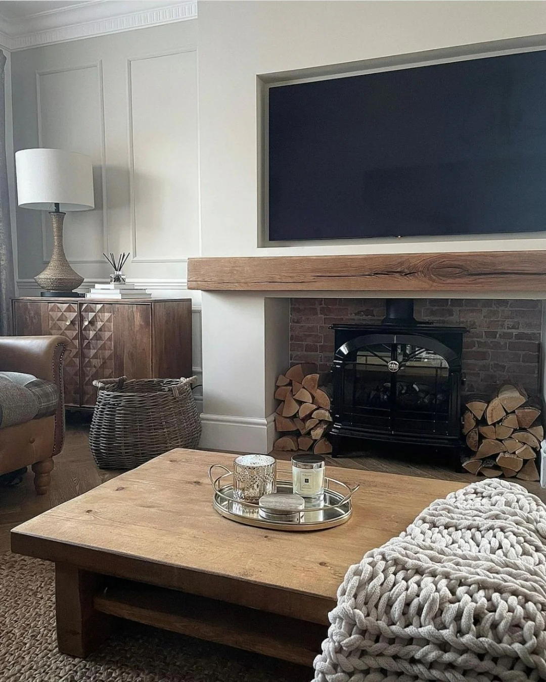 5. Modern Rustic Hearth Room in Soft Taupe and Aged Oak (Rustic Living Room Furniture Ideas)