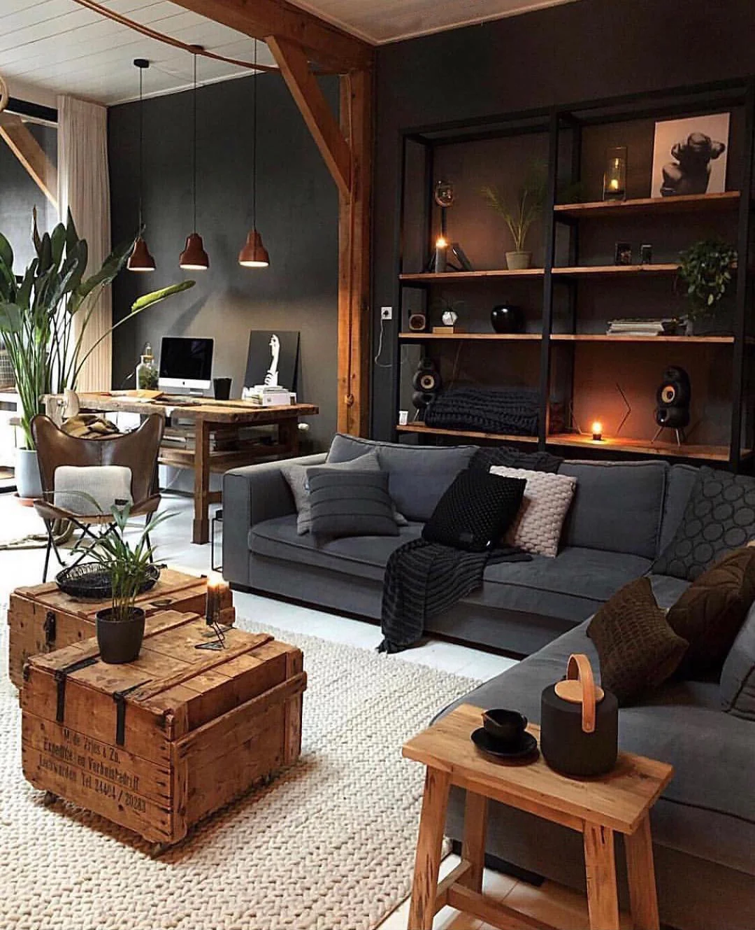 13. Industrial Rustic Living in Charcoal, Walnut, and Aged Wood (Rustic Living Room Furniture Ideas)