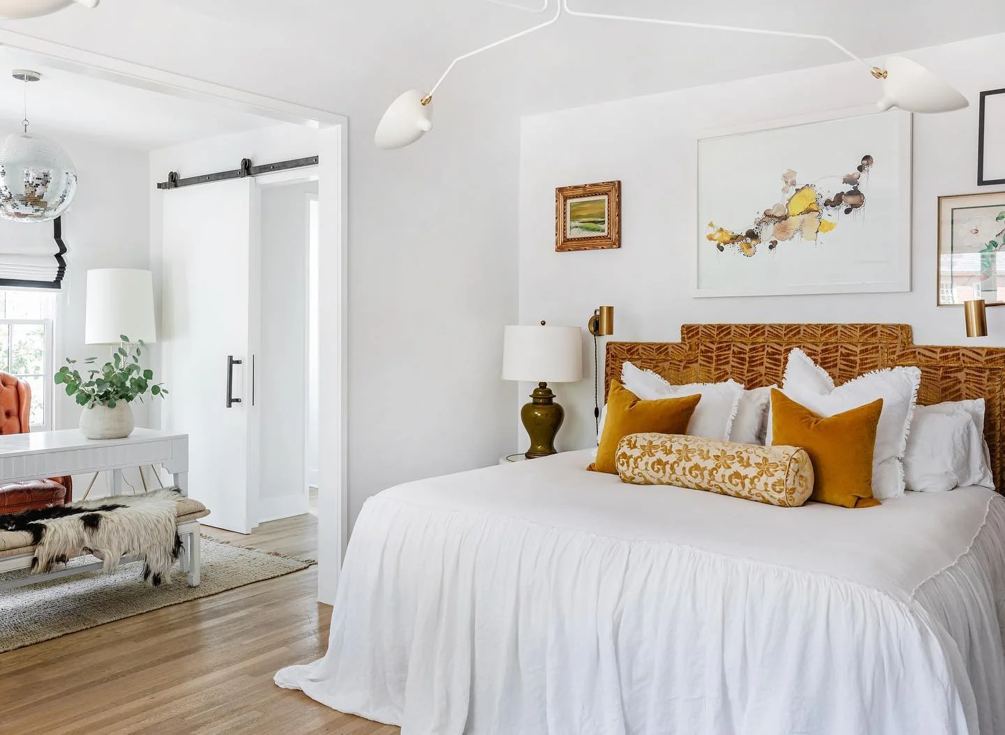 2. Warm Modern Bedroom Office with White and Mustard Accents (Bedroom Home Office Ideas)