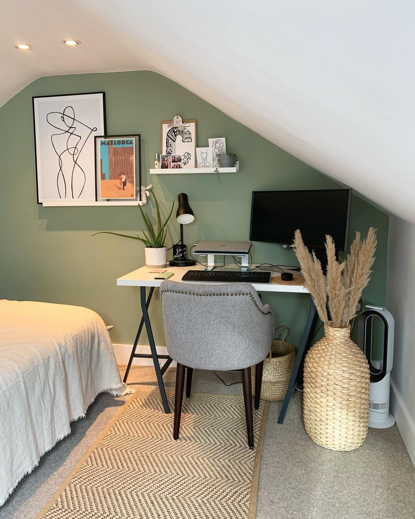 3. Attic Bedroom Office with Green Walls and Natural Textures (Bedroom Home Office Ideas)