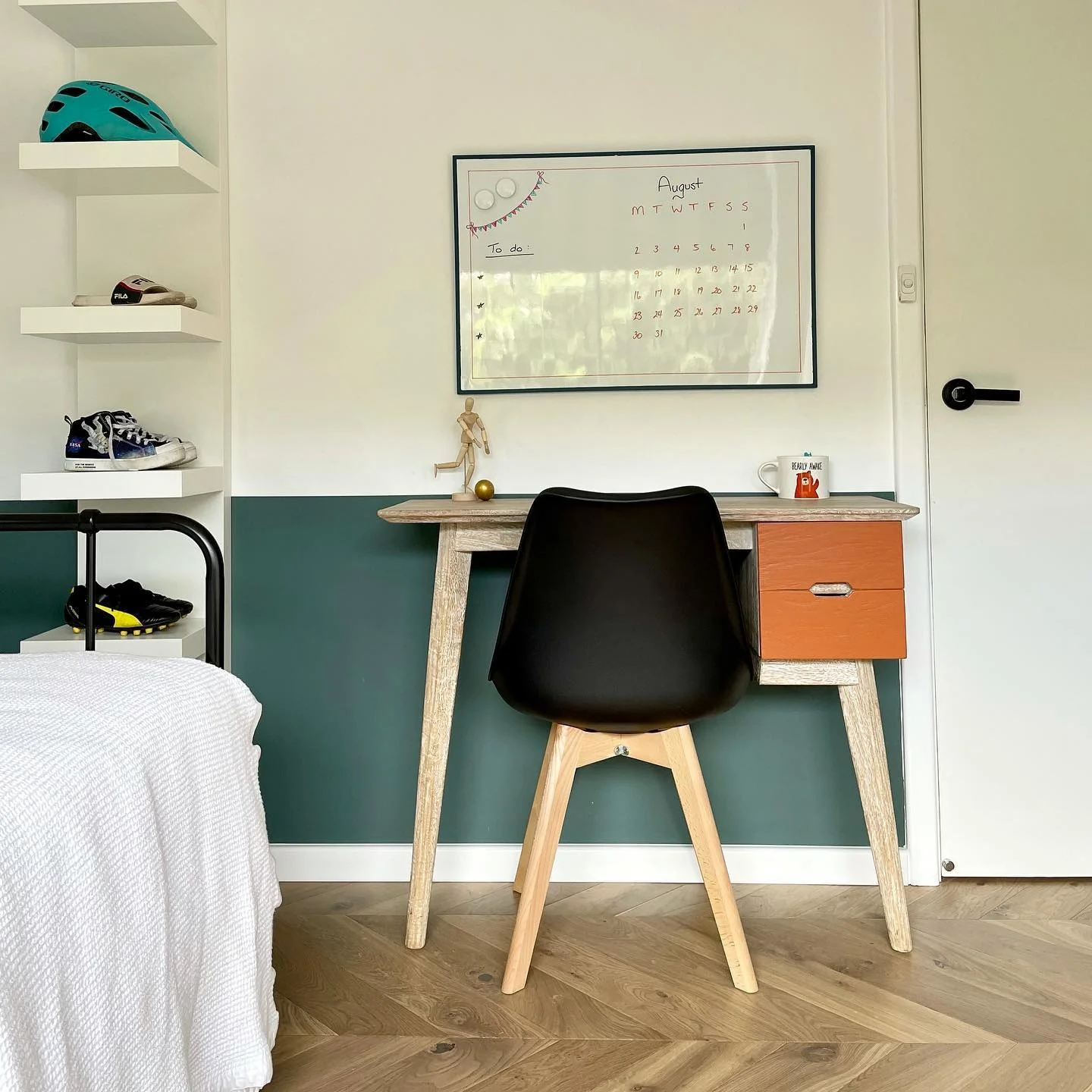 8. Minimal Bedroom Study with Two-Tone Walls and Natural Wood (Bedroom Home Office Ideas)