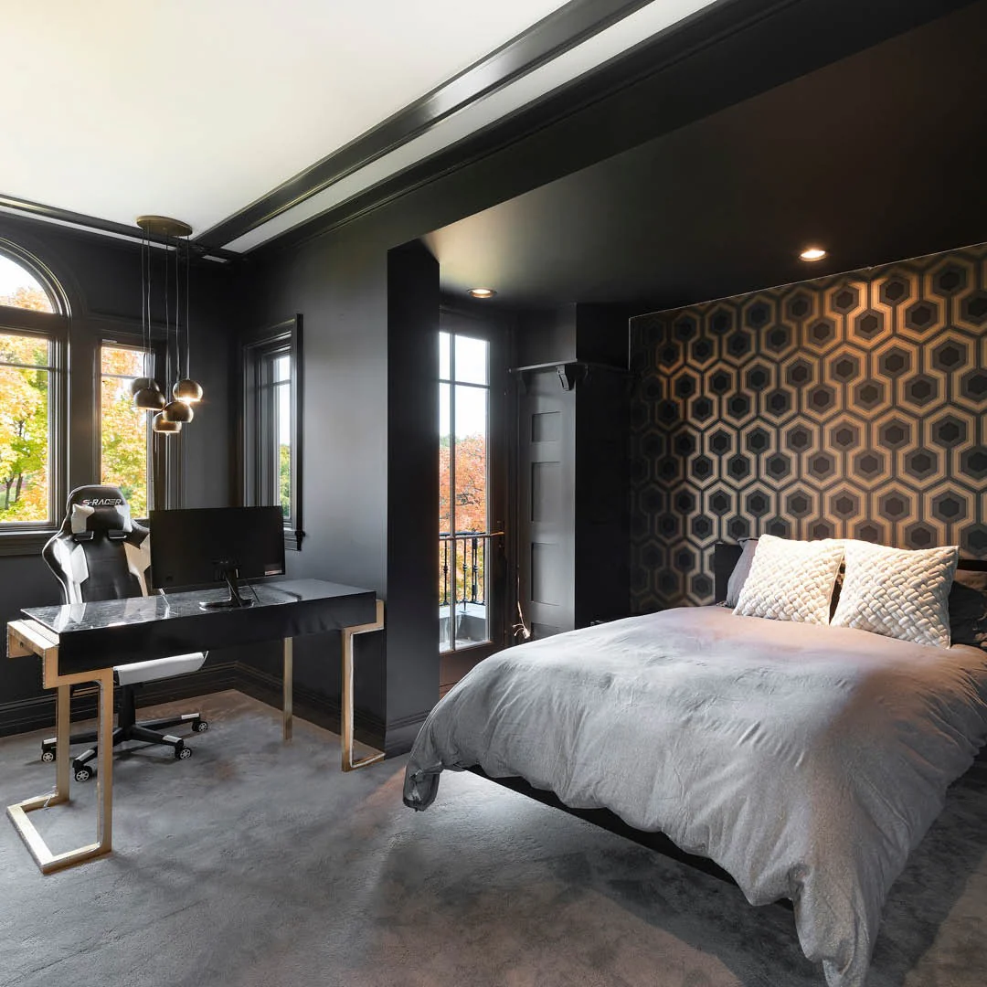 7. Moody Bedroom Office with Charcoal and Graphic Patterns (Bedroom Home Office Ideas)