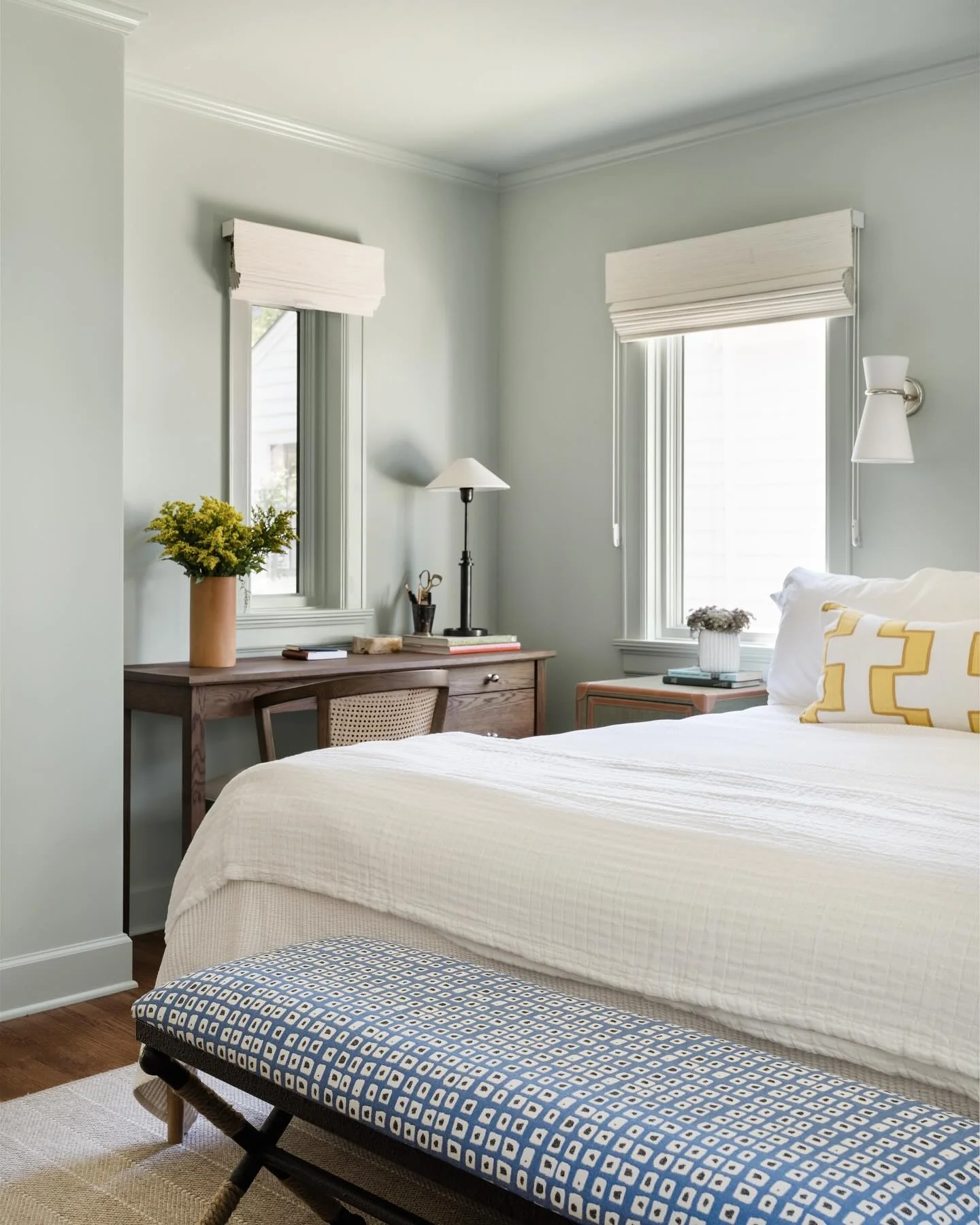 5. Classic Bedroom Desk Setup in Muted Sage and Wood (Bedroom Home Office Ideas)