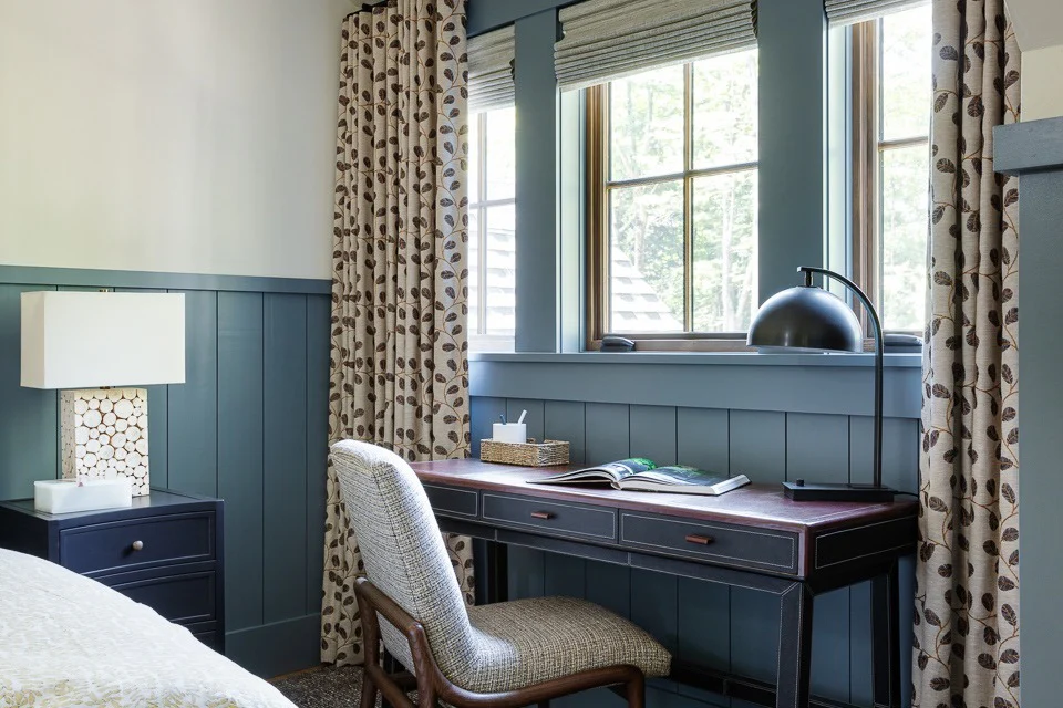 9. Tailored Bedroom Office with Blue Paneling and Custom Desk (Bedroom Home Office Ideas)