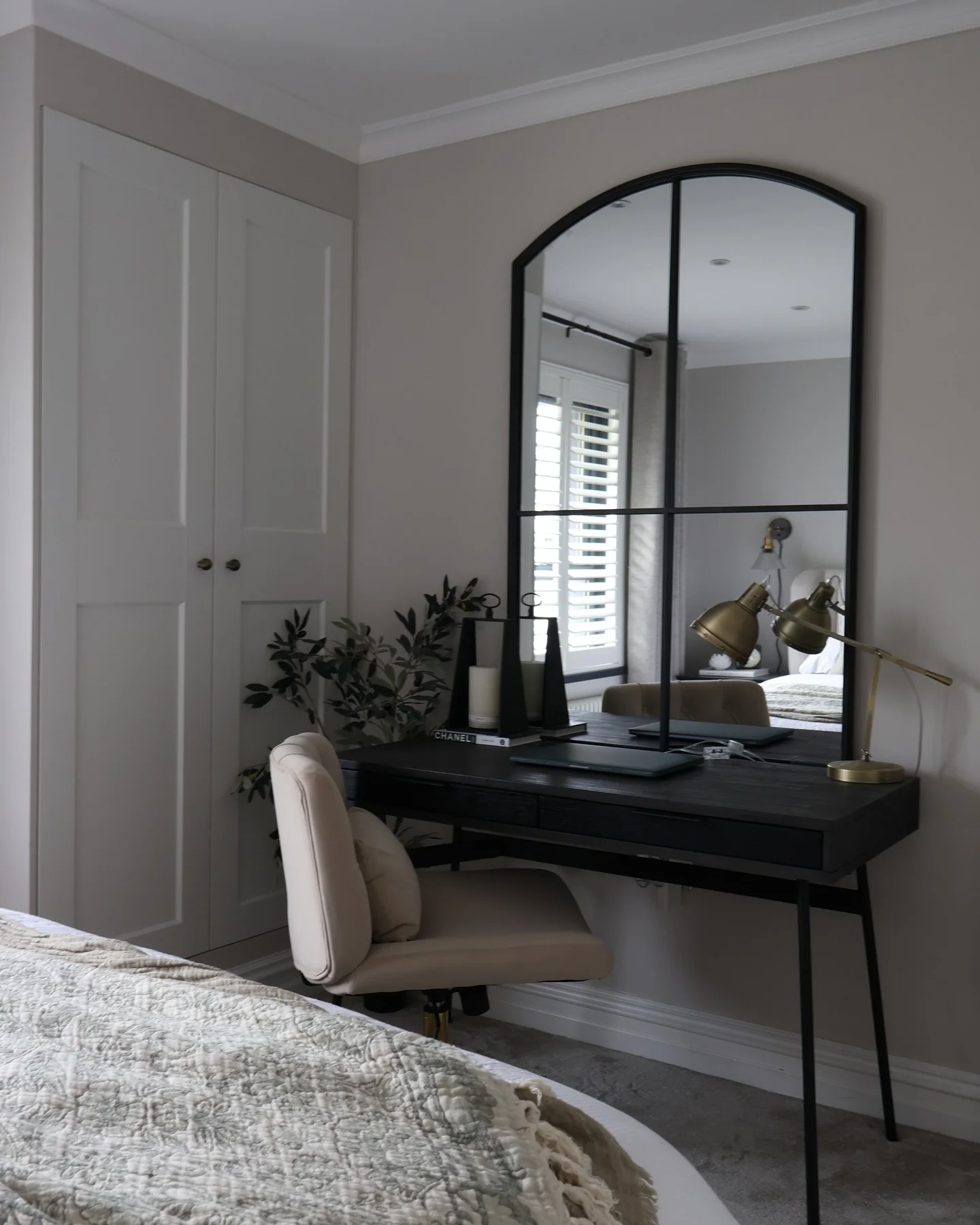 11. Soft Neutral Bedroom Office with Black Desk and Brass Accents (Bedroom Home Office Ideas)