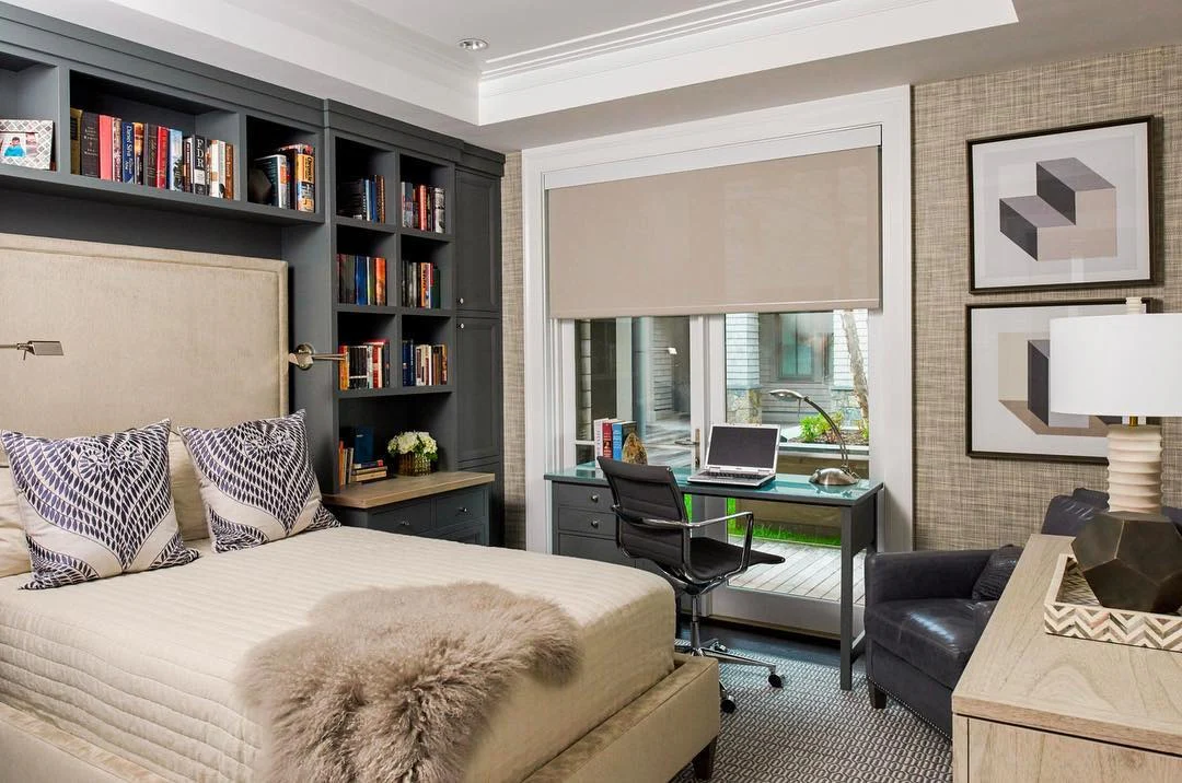 12. Built-In Bedroom Office with Charcoal Blue and Warm Neutrals (Bedroom Home Office Ideas)
