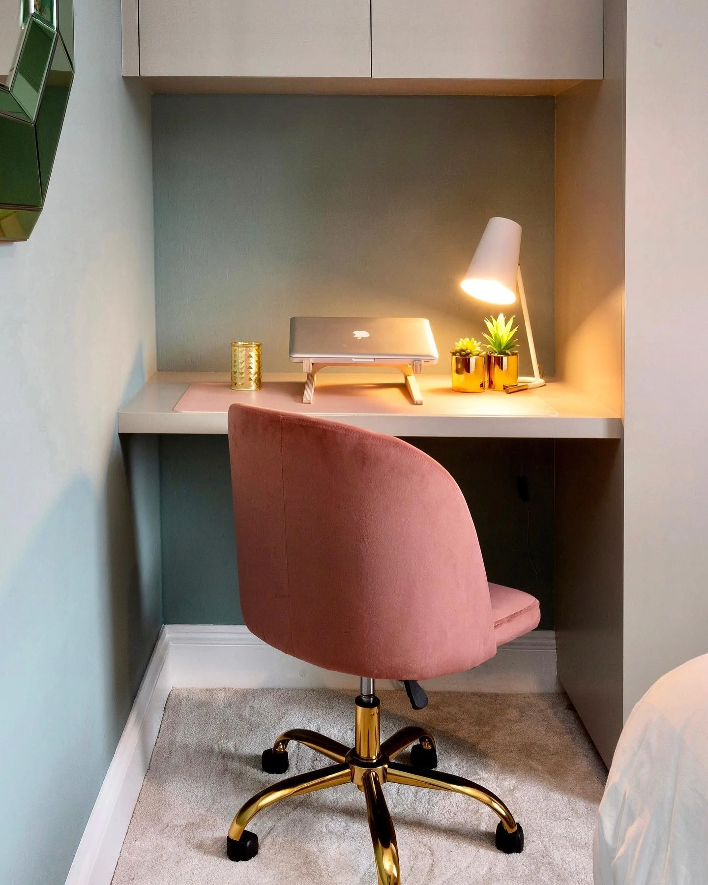 13. Compact Bedroom Office Nook with Sage Green and Blush Accents (Bedroom Home Office Ideas)
