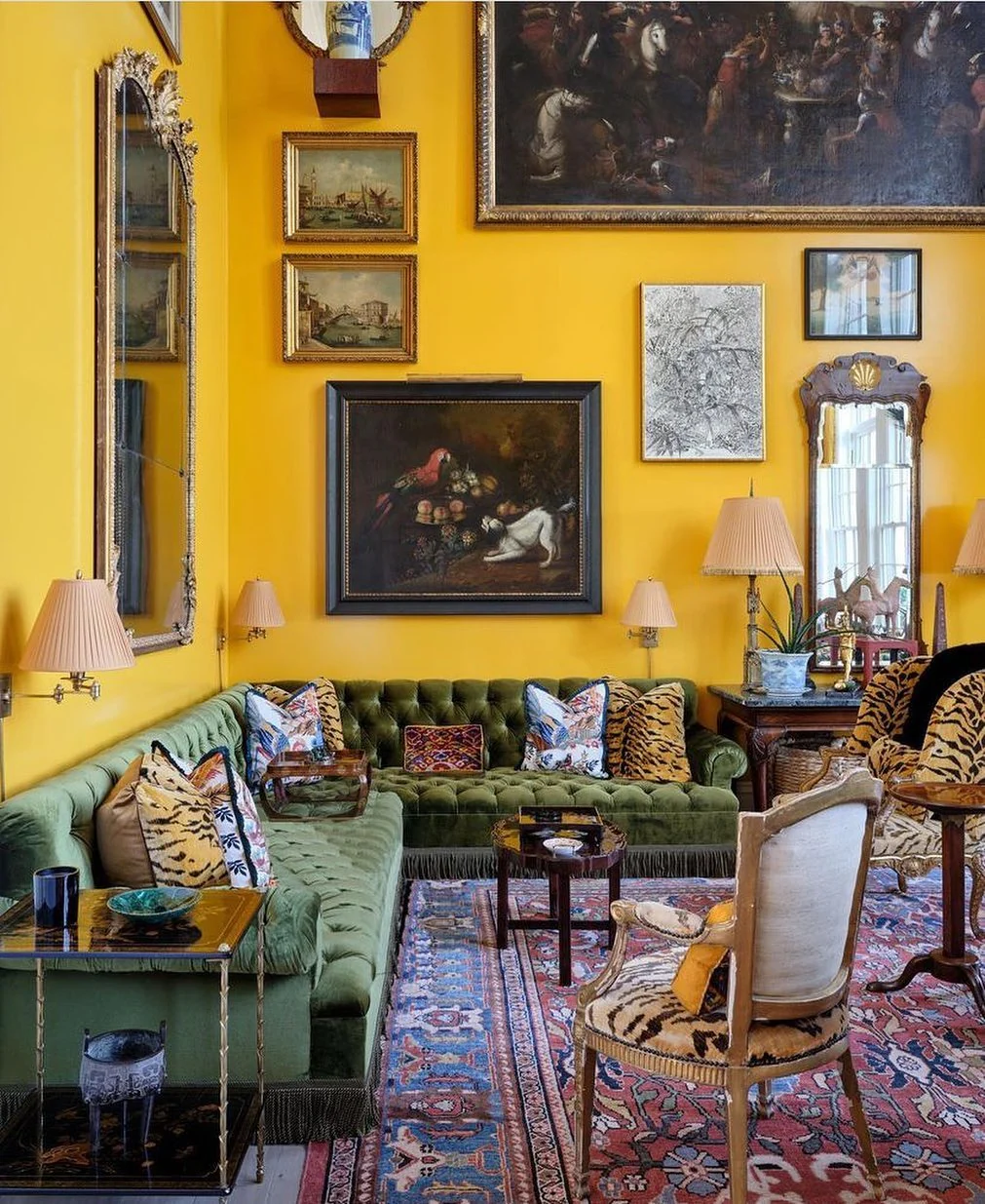 12. Golden Yellow Living Room with Collected Antiques (Yellow Walls Living Room Ideas)