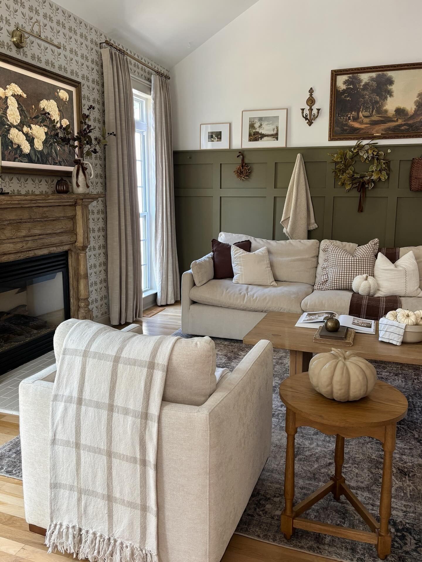 12. Traditional Fall Living Room with Olive Green and Cream (Fall Living Room Decorating Ideas)