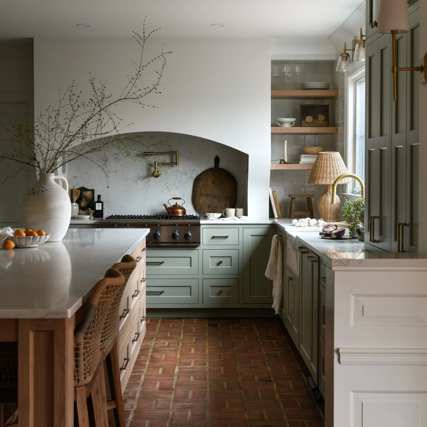 11. European Kitchen with Sage Green Cabinetry and Brick Flooring (European Kitchen Ideas)