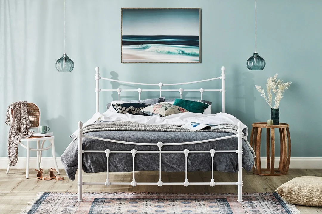 4. Soft Aqua Escape with White and Driftwood Tones (Beach Style Bedroom Ideas)
