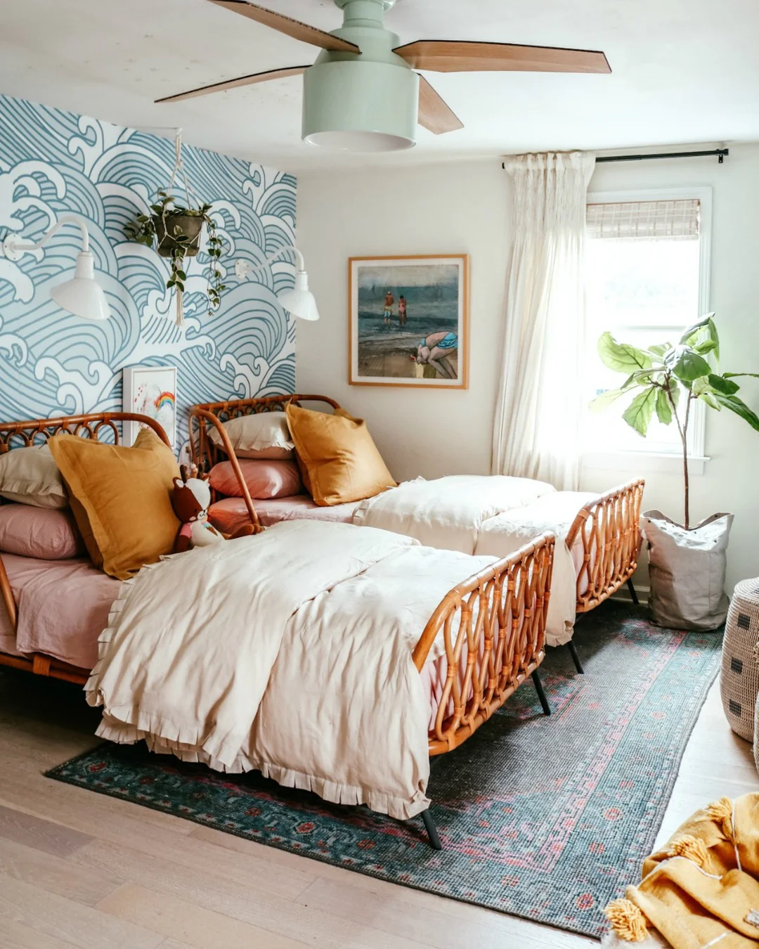 7. Playful Coastal Twin Room with Blue and Sand (Beach Style Bedroom Ideas)