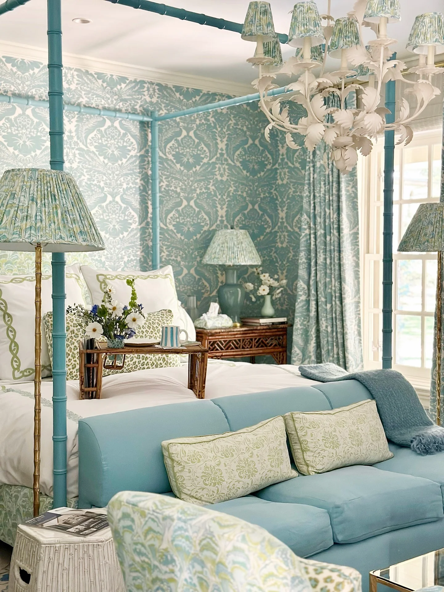 14. Patterned Coastal Elegance in Aqua and Soft Green (Beach Style Bedroom Ideas)