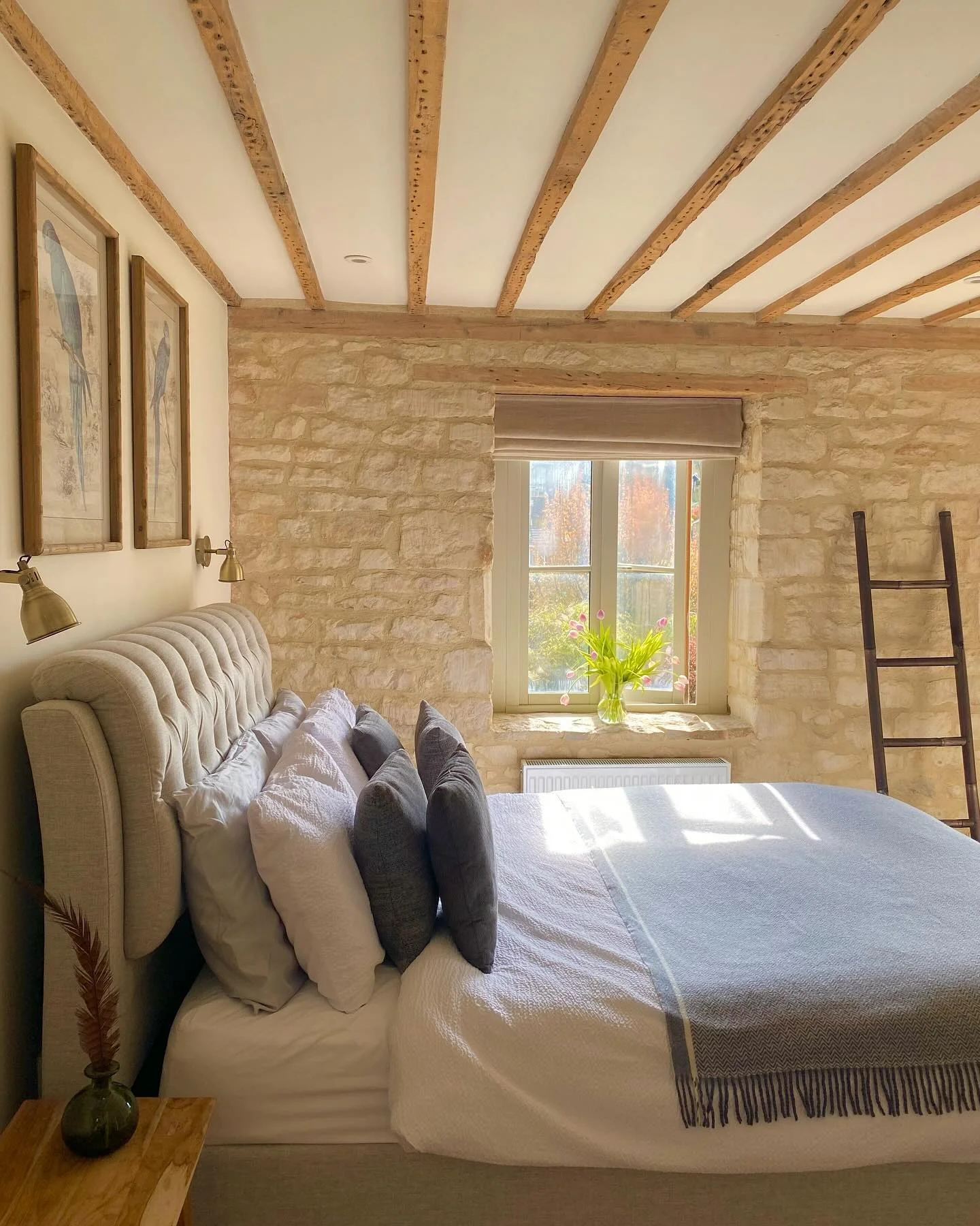 7. Cotswold-Inspired Bedroom with Stone Walls and Soft Sage Neutrals (Country Style Bedroom Ideas)