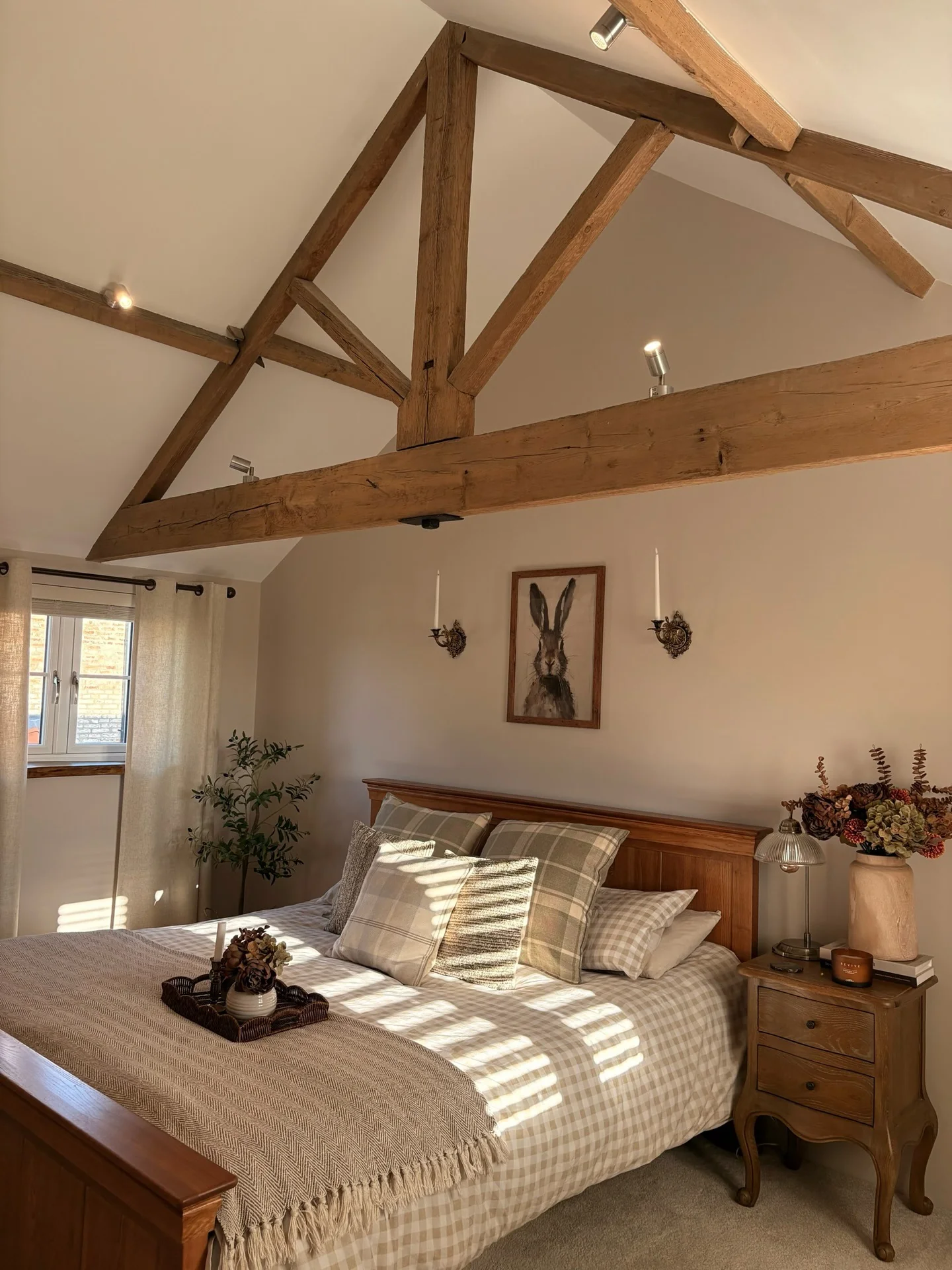 11. Exposed Truss Country Bedroom in Soft Greige and Oak (Country Style Bedroom Ideas)