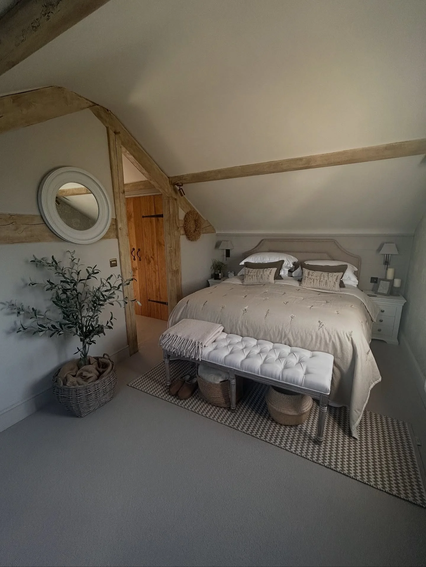 12. Cottage Loft Bedroom in Misty Grey and Warm Timber (Country Style Bedroom Ideas)