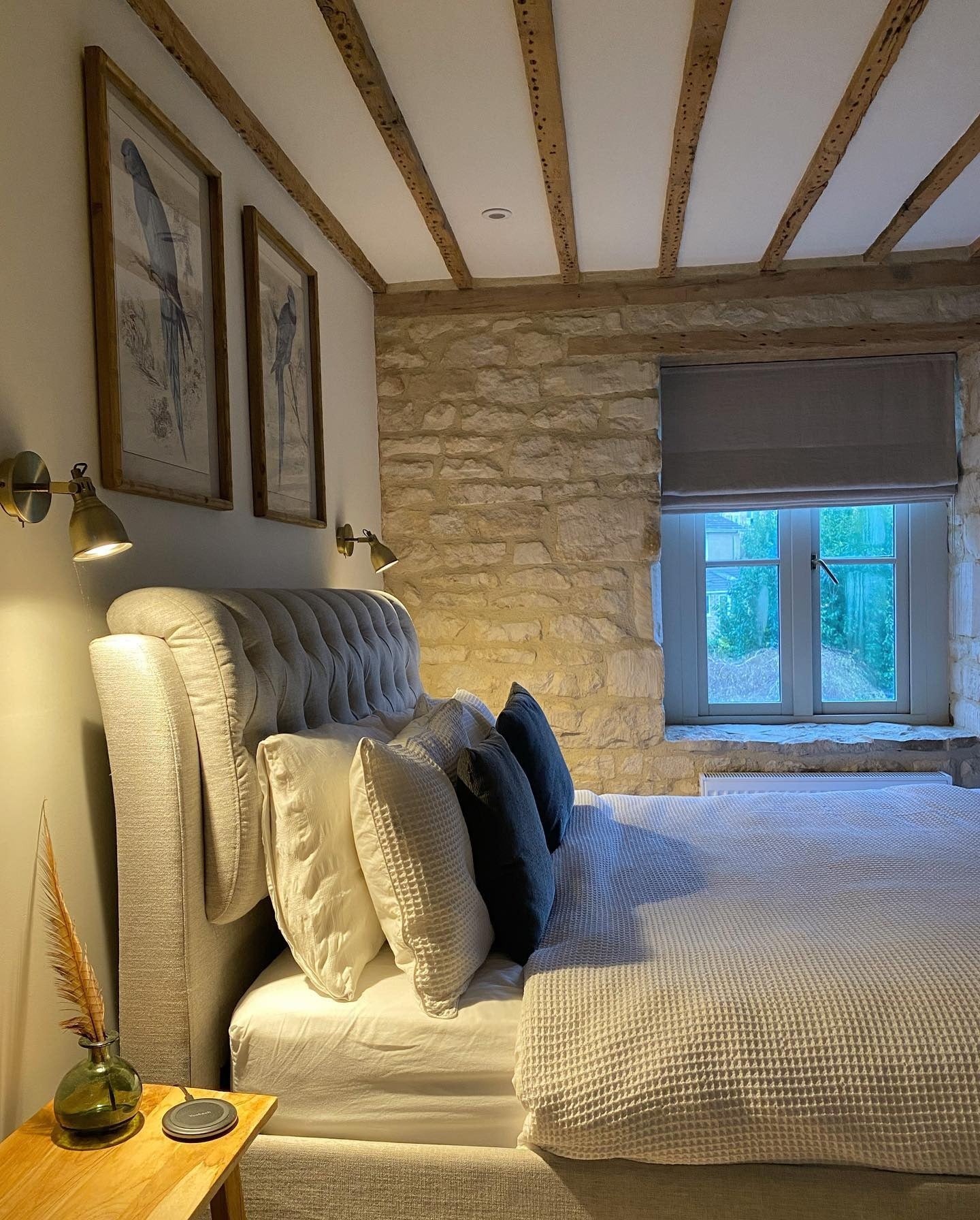 15. Stone-Wall Country Bedroom in Greige, Linen, and Warm Brass (Country Style Bedroom Ideas)