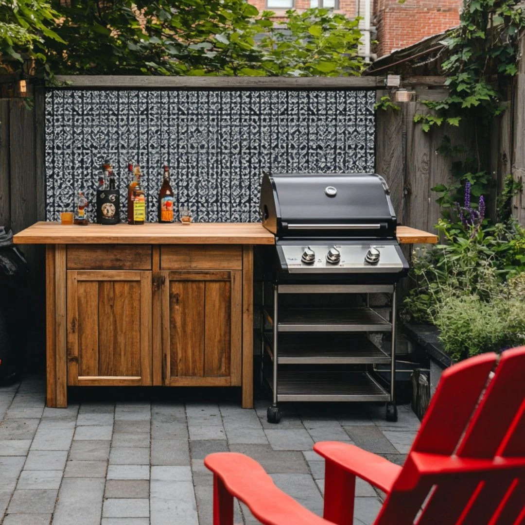 4. Backyard Grill Corner with Rustic Wood & Matte Black Accents (Small Outdoor Kitchen Ideas)