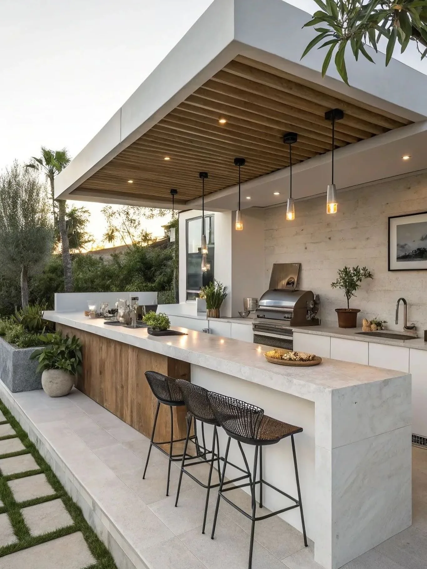 14. Contemporary Outdoor Bar Kitchen in White Stone & Natural Oak (Small Outdoor Kitchen Ideas)