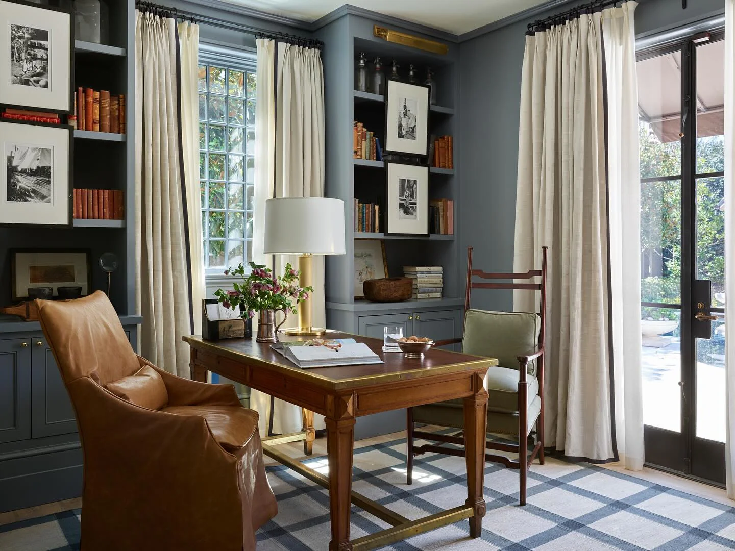 3. Moody Blue-Gray Office with Library Built-Ins and Cream Drapery (Light Blue Office Ideas)