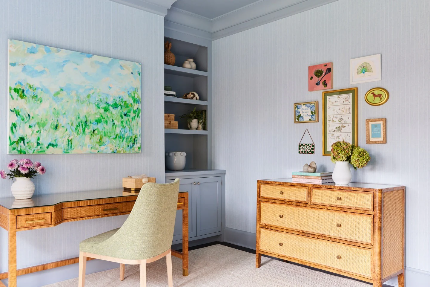 2. Soft Sky Blue Office with Warm Wood + Cane Details (Light Blue Office Ideas)